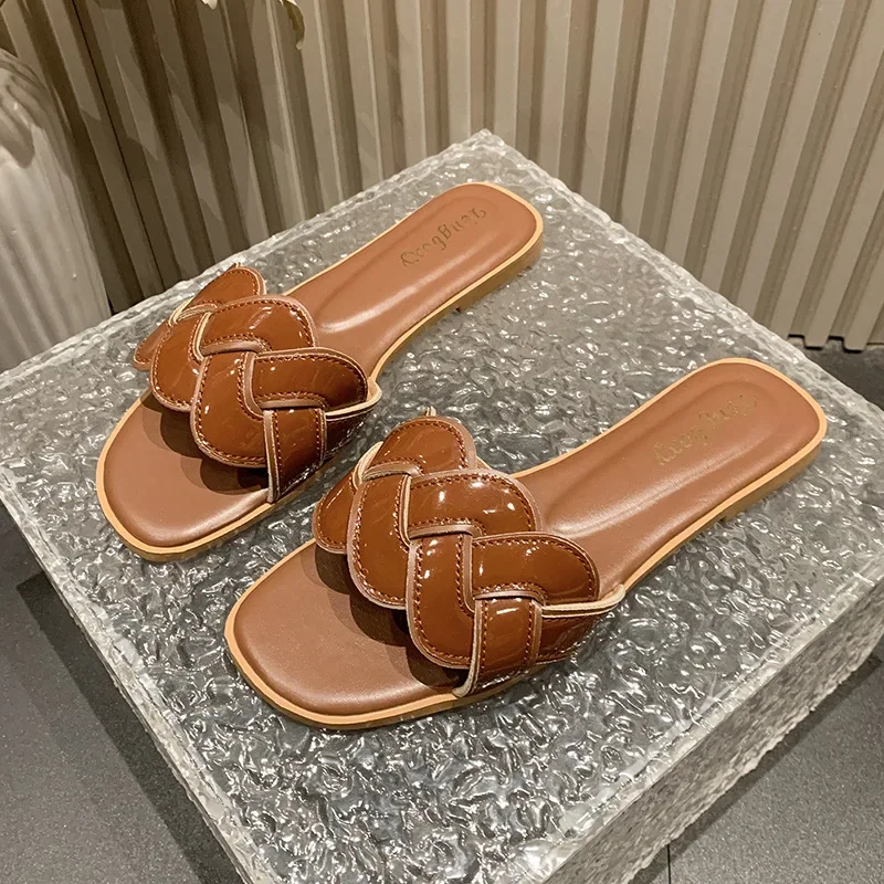 Summer 2025 New Women's Slippers Summer Square Toe Flat Shoes Women's ...