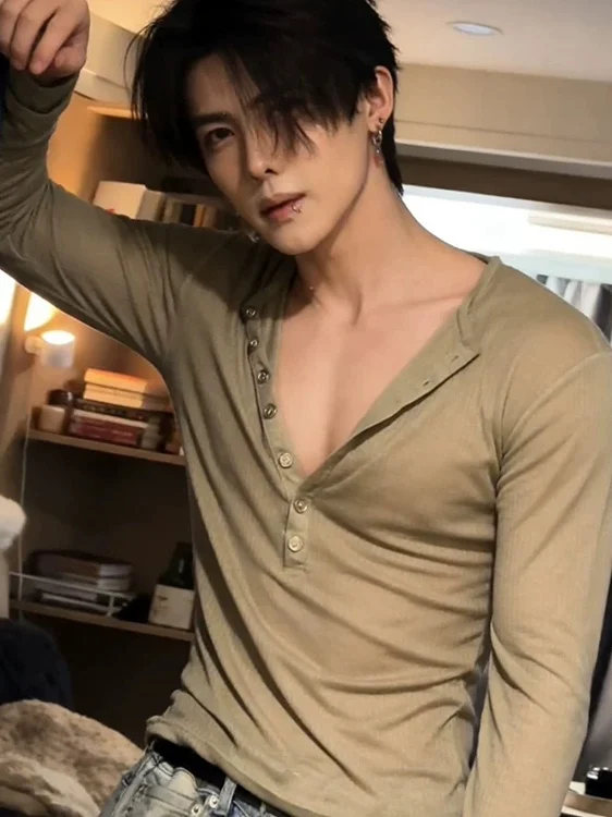 고탄성 헨리 셔츠 남성용 타이트핏 긴팔 경량 메쉬 커버업 티셔츠 통기성 청년 패션 봄 여름 가을