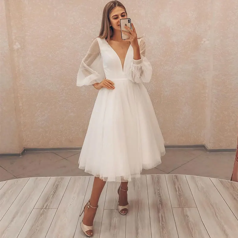 

Sexy V-neck Wedding Dress Simple Illusion Full Sleeve Mid-calf Vestido De Novia Sencillo Custom Made Wedding Dress Plus Size