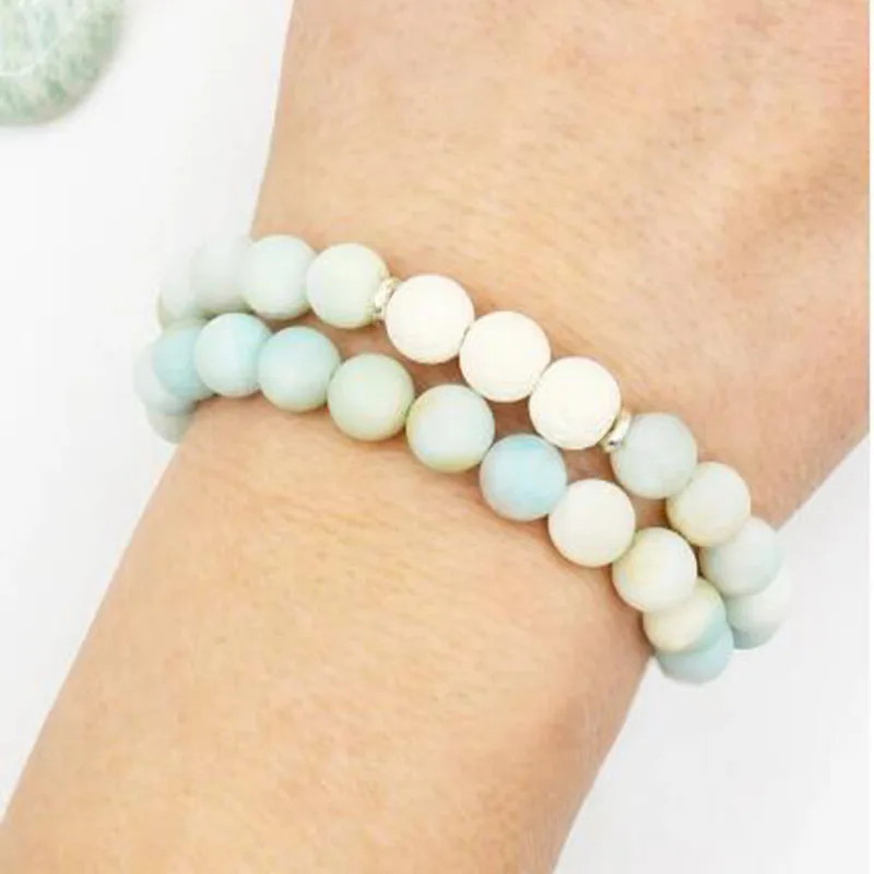 

White Lava Diffuser Mala Bracelet Stackable Matte Amazonite Lava Stone Bracelet Sets For Women and Men Bracelet