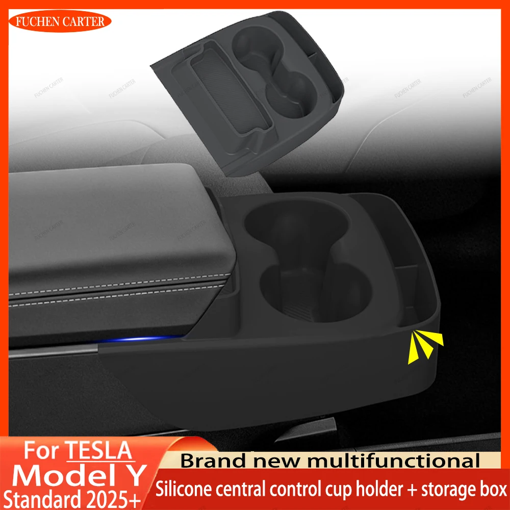Pour Tesla Model Y Standard 2025+ Nouvelle conception améliorée, porte-gobelet multifonctionnel en silicone pour console centrale + boîte de rangement, accessoires