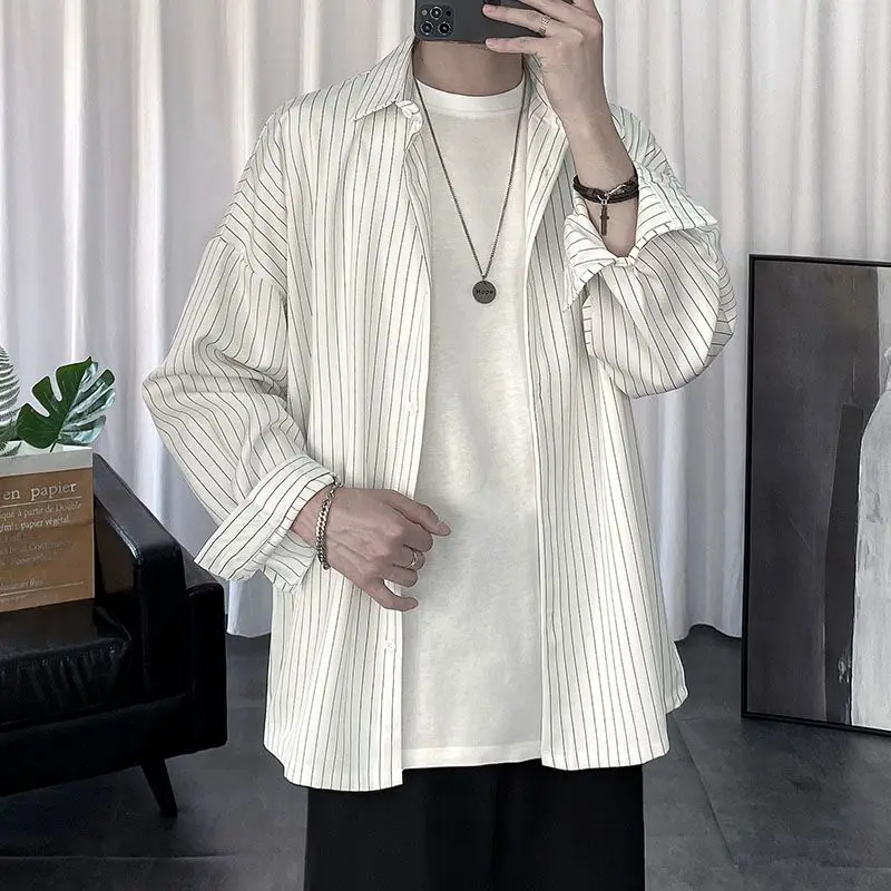 Spring Autumn New Striped Pockets Patchwork Blouse Men's Long Sleeve Polo Neck Loose Shirt Tops Fashion Trend Men Clothing