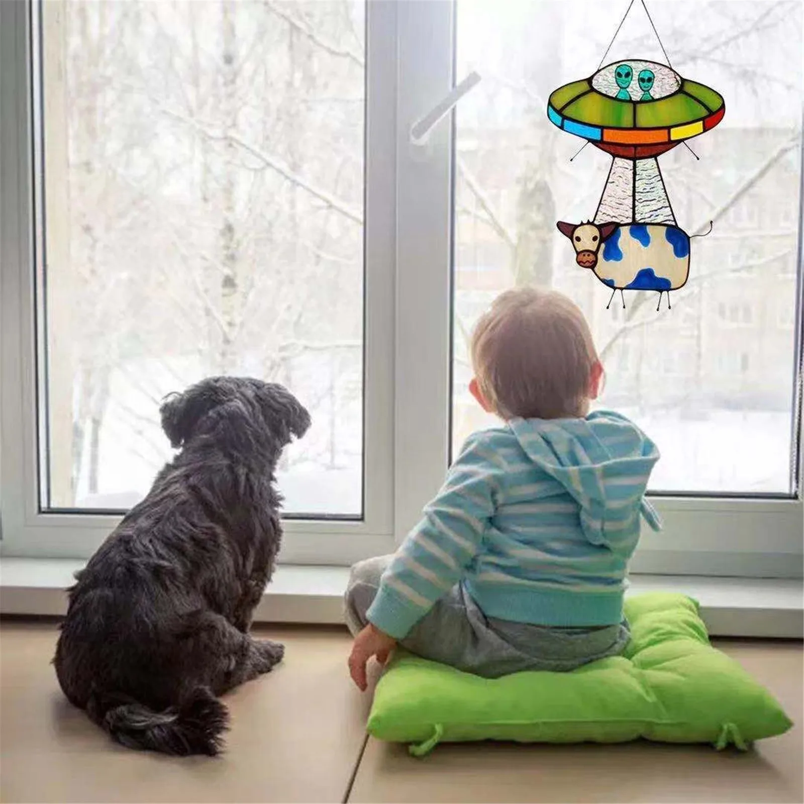 Alien And Cow Stained Suncatcher Window Panel, Painted UFO Pendant