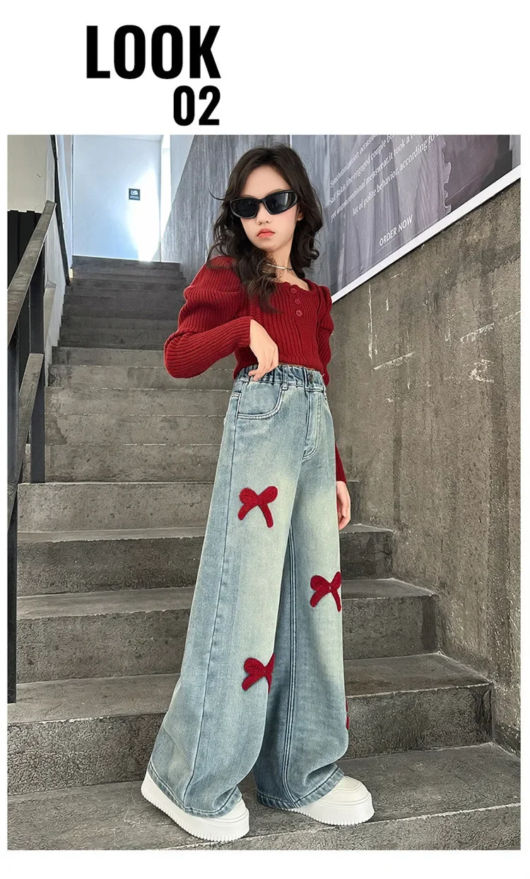 الفتيات فضفاضة واسعة الساق الجينز السراويل الناعمة الأطفال Bowknot التطريز مستقيم الدنيم السراويل ربيع الخريف الملابس 5-12 سنة