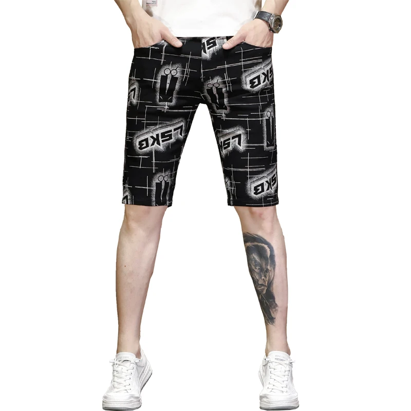 Summer Thin Men's Denim Shorts Letter Printed Black Cropped Pants Stretch Slim Handsome Beach Breeches