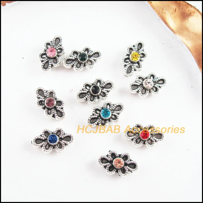 

Fashion 30Pcs Tibetan Silver Plated Retro Flower Spacer Beads Mixed Crystal Charms 6.5x11mm