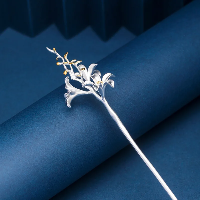 925 Silver Lily Flower Hairpin Cheongsam Hair Accessories Tiara Pin Banquet Jewelry hair accessories,metal hair accessories,u shaped hairpin