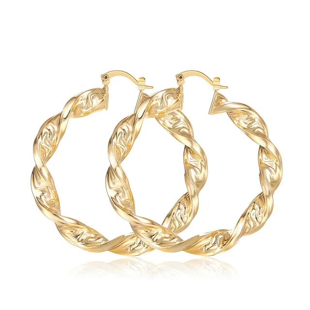 Classic 18K Gold Plated Copper Circle Round Big Twist Hoop Earrings