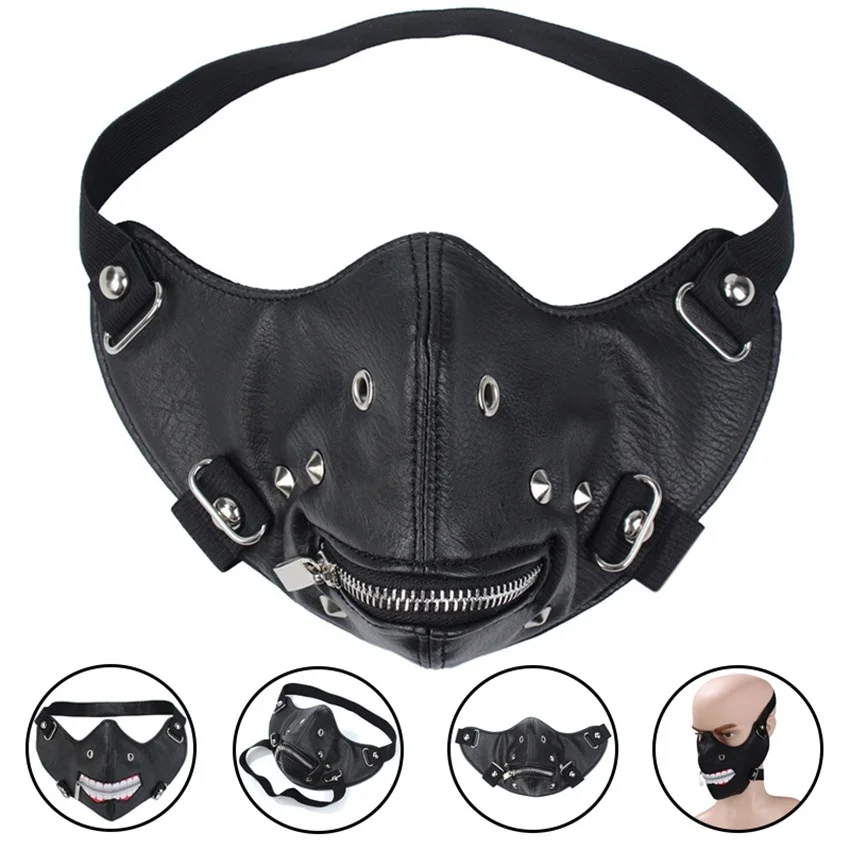 Punk Rivets Mask PU Leather Mask Trendy Zipper Face Motorcycle Anti-dust Masks Mouth Muffle