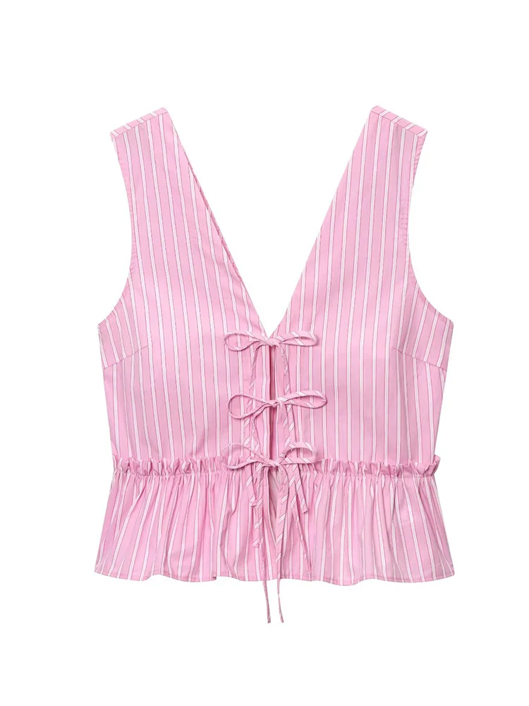 TFMLN Women Summer Shorts Outfits Loose Casual Bow Tie Front Striped Sleeveless V Neck Tops + Wide Leg Shorts 2 Pcs Pink Set