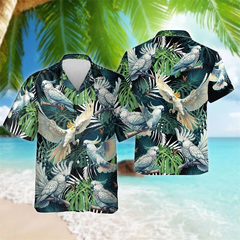 

Bird Tropical Hawaii Shirts For Men Fashion Canary Blouses Rainforest Male Aloha Short Sleeve Plants Cockatoo Conure Birds Tops