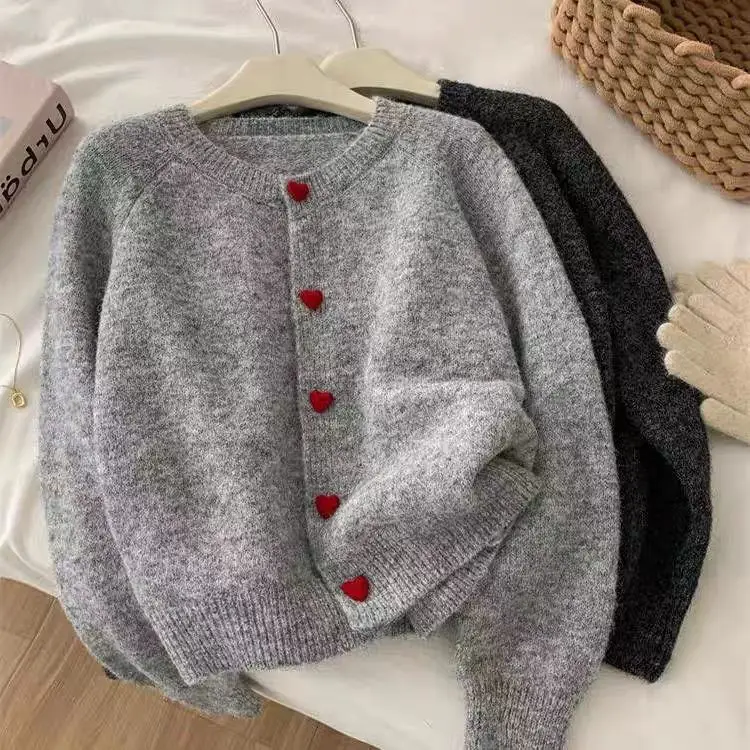 Deep Grey Wool Knitted Cardigan For Women 2025 Autumn Winter Soft And Sticky Warm Love Buckle Shoulder Sleeves