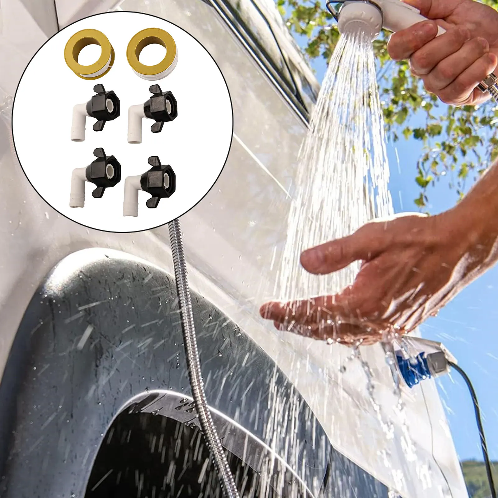 Simplified Connections for Your RV Reliable 360 Degree Rotatable Elbow and Straight Swivel Adaptors Complete with Sealing Tape