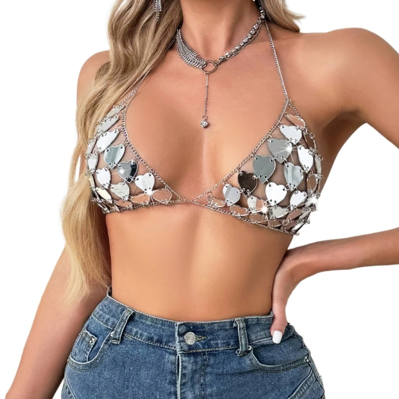 

Heart Sequins Bras Hollow Out Camisole Body Chain Jewelry Festival Club Party Crop Top for Womens
