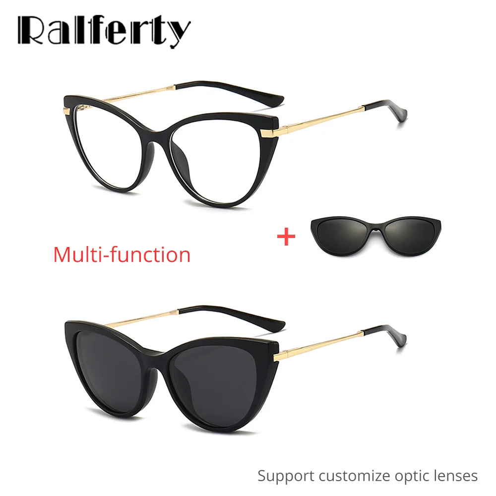 Ralferty 2 in 1 Vintage Cat Eye Sunglasses Women Magnet Clips On Glasses 0 Diopter Prescription Frame Sun Glasses for Women 2025 3