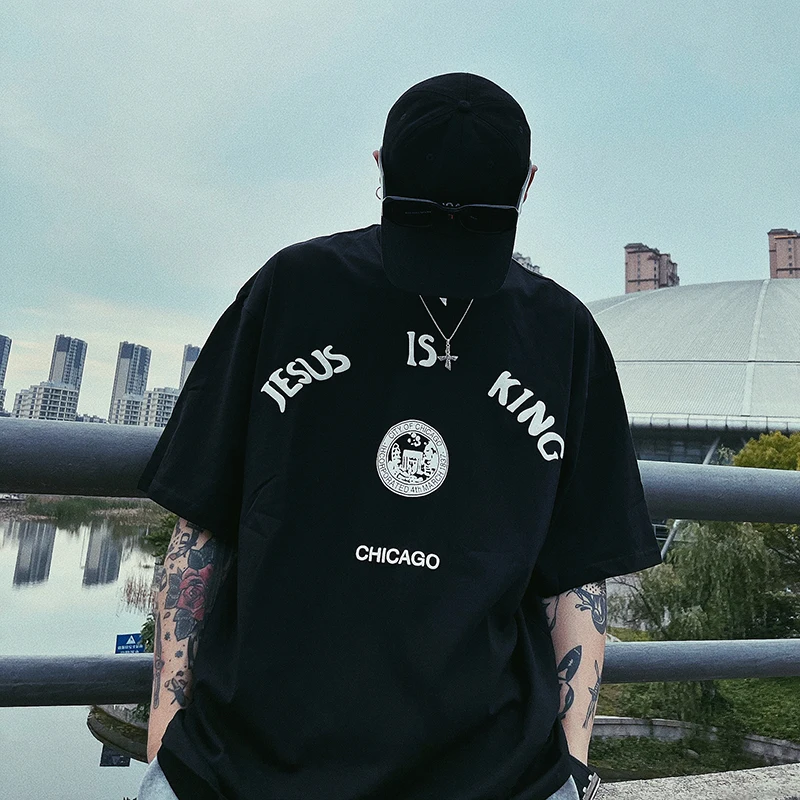 Oversized CPFM 100% Cotton T-Shirt Foam Jesus is King Print Kanye Red Letter High Street Men |
