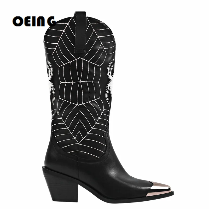 

Embroidery Spider Cowboy Boots Faux Leather Mid-Calf Boots Western Cowgirl Boots Pointed Toe Chunky Block Heels Shoes For Woman