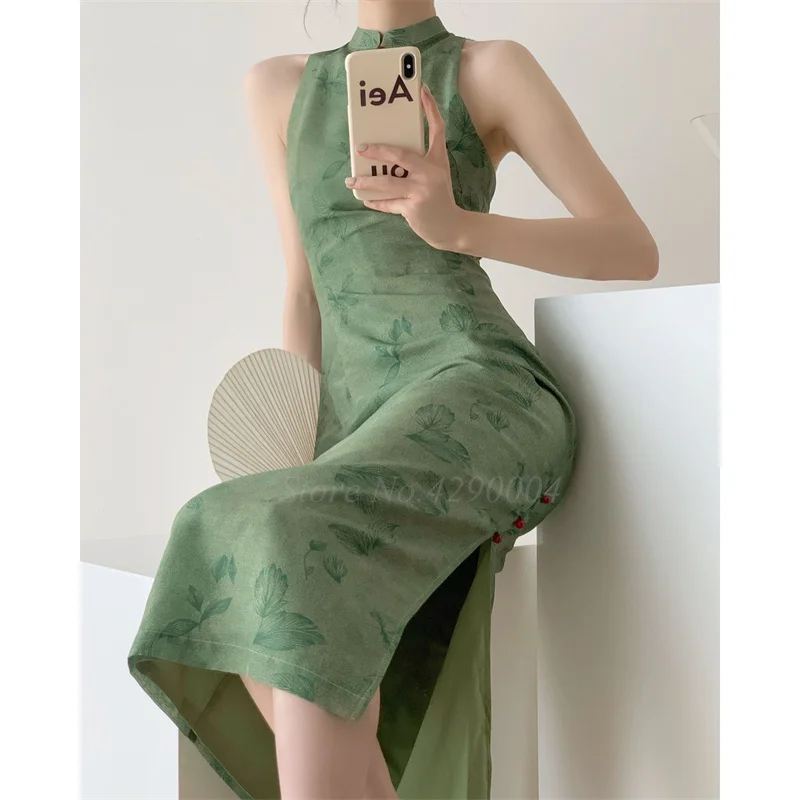 

New Chinese Style Dress Green Print Cheongsam Sexy Sleeveless Qipao Backless Lace Vestidos Summer New Dresses Long Qipao