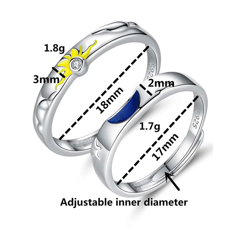 925 Sterling Silver Zircon Sun Moon Open Lovers Ring Romantic Couple Student Fine Jewelry Flyleaf