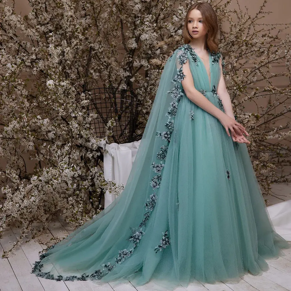 

Jill Wish Luxury Green Girl Dress with Cape Dubai Princess Kids Evening Gown for Wedding Birthday First Communion Party J297