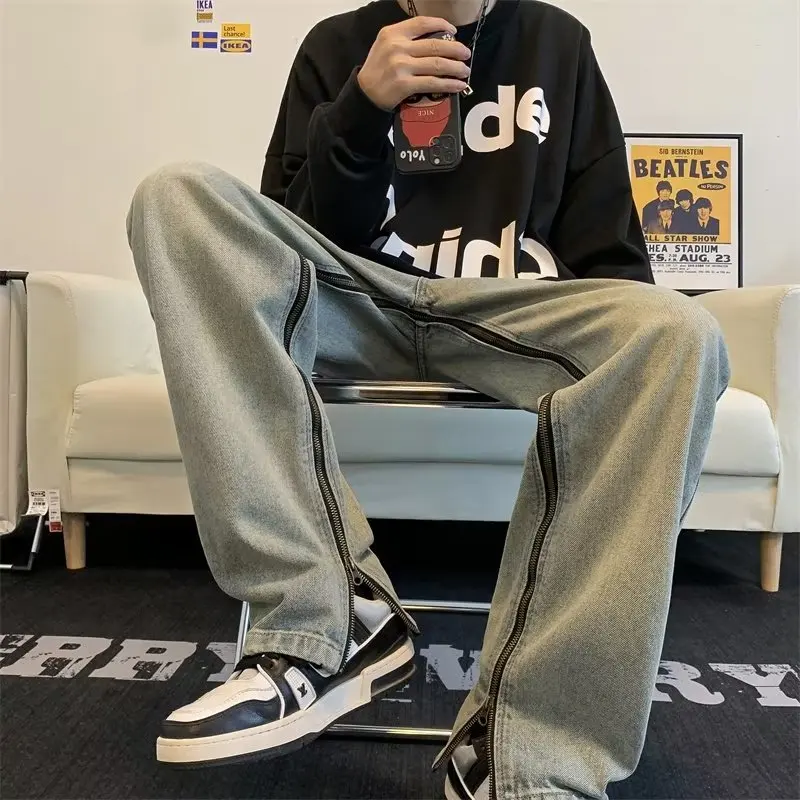 

2023 New Side Zipper Men's Jeans Fashion Design Straight Denim Pants Oversized Hip Hop Unisex Casual Trousers