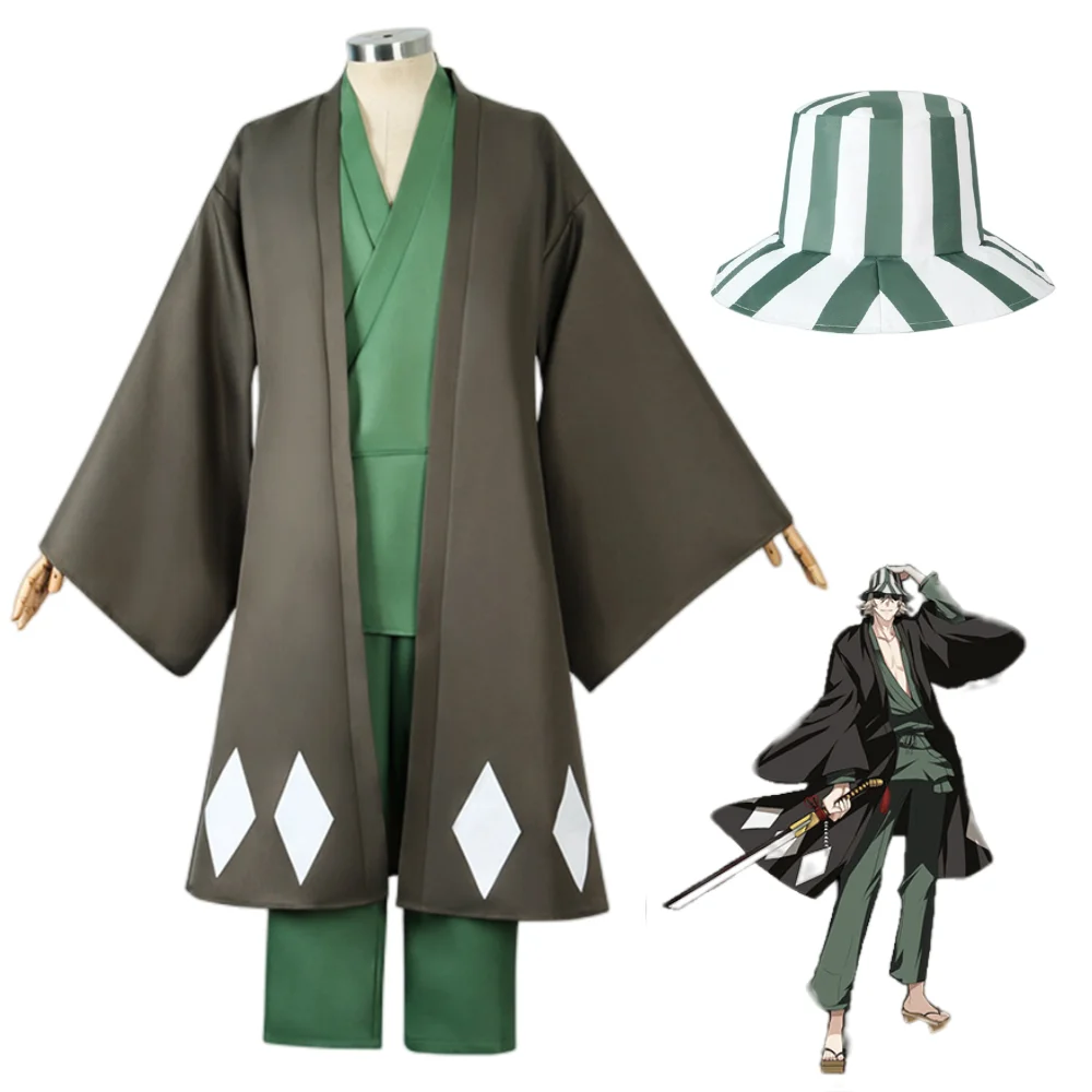 

Anime Bleach Cosplay Urahara Kisuke Costume Halloween Carnival Party Costume Men Women Black Kimono Pants Hat Outfits Clothes