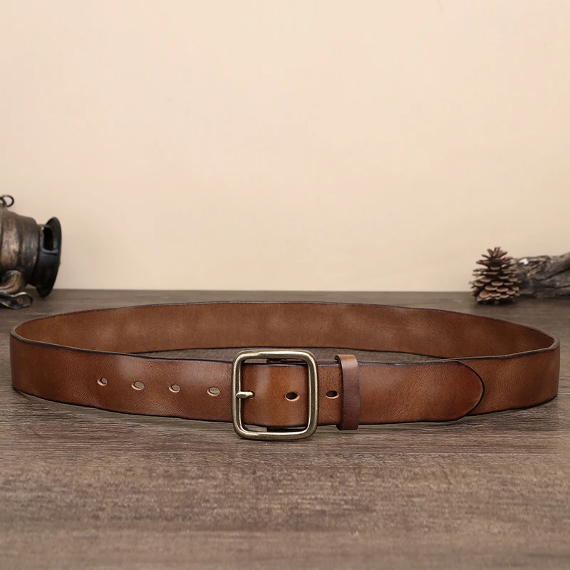 Vintage Handmade Leather Copper Buckle Man's Belt Cowhide Retro All-match Casual Jeans Soft Belts Lumbar Man