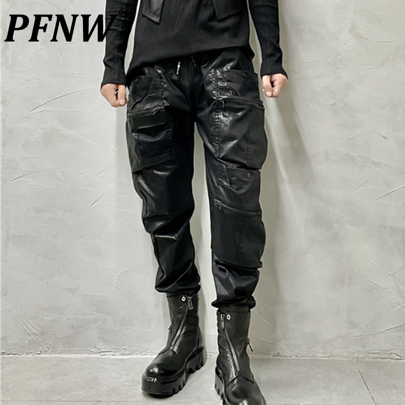 

PFNW Dark Retro Waxed Dyed Pockets Spliced Personalized Leather Cargo Pants Trend Functional Workwear Fashion Popular 12A5756