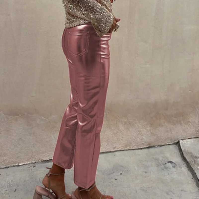Women Nightclub Glossy Cropped Pants Lady Bright Slim Fit Leggings Office Casual Straight Pants Fashion Streetwear Trousers