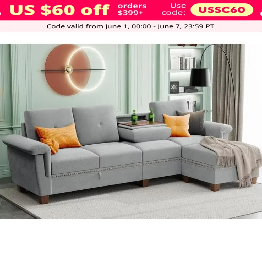 

Секционный диван-трансформер с реверсивным кушеткой и подставкой для чашек, 4-х местный диван, L-образный диван