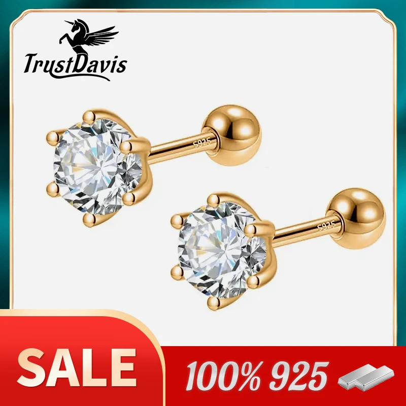 TrustDavis 925 Sterling Silver Six Claw 3/4/5mm CZ Screw Stud Earrings For Women Wedding Fine Jewelry DA2712