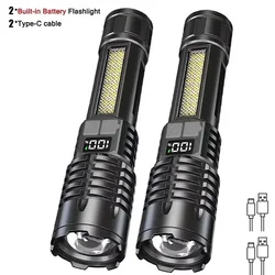 High Power LED Rechargeable Waterproof Flashlight with COB Side Lamp (2Pacs)