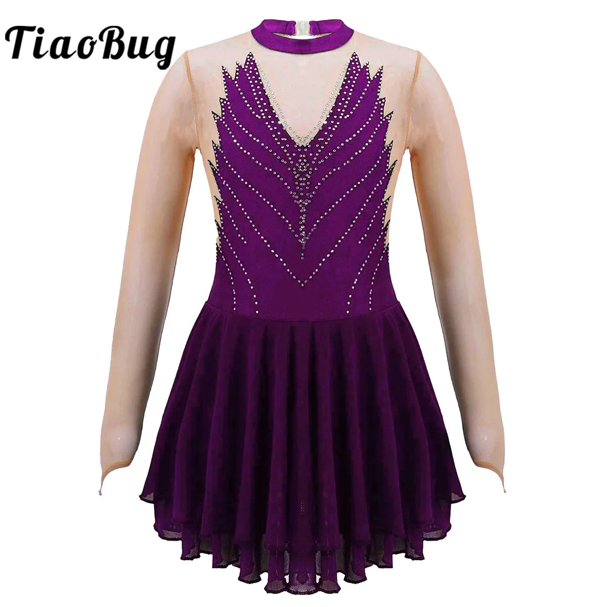 

Ballet Gymnastics Leotard Dress Kids Girl Shiny Rhinestone Mesh Splice Long Sleeve Figure Ice Skating Dress Dance Costume