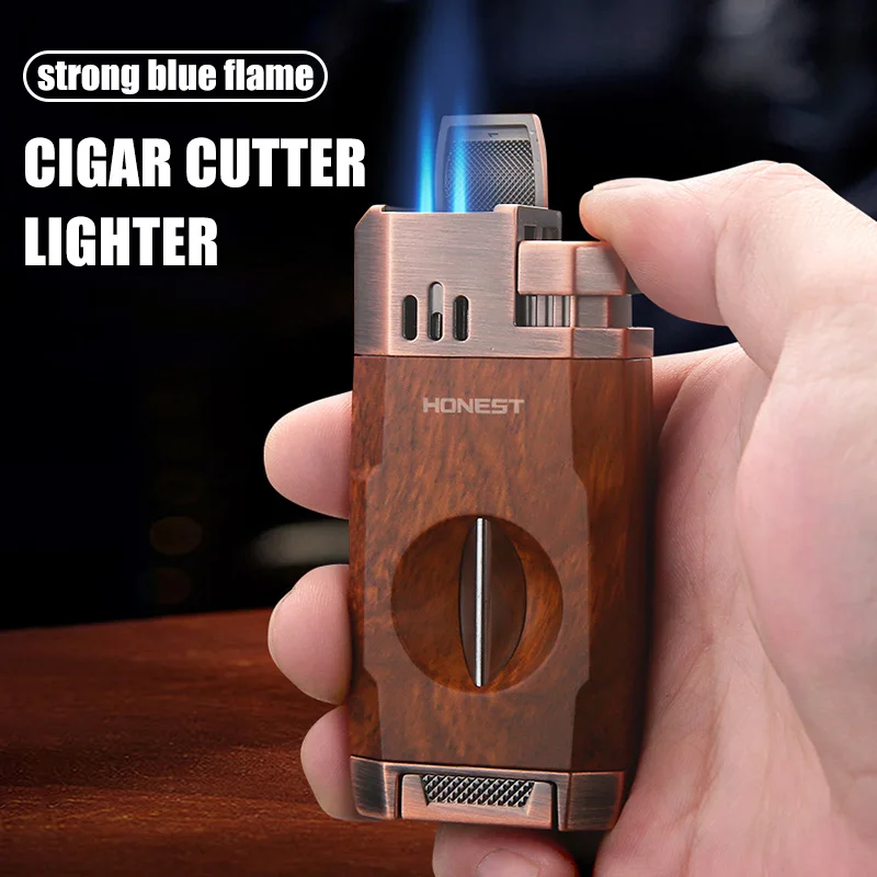 HONEST Double Blue Flame Cigar Lighters V-Shaped Sharp Cigar Cutter Design Visual Gas Window Tools