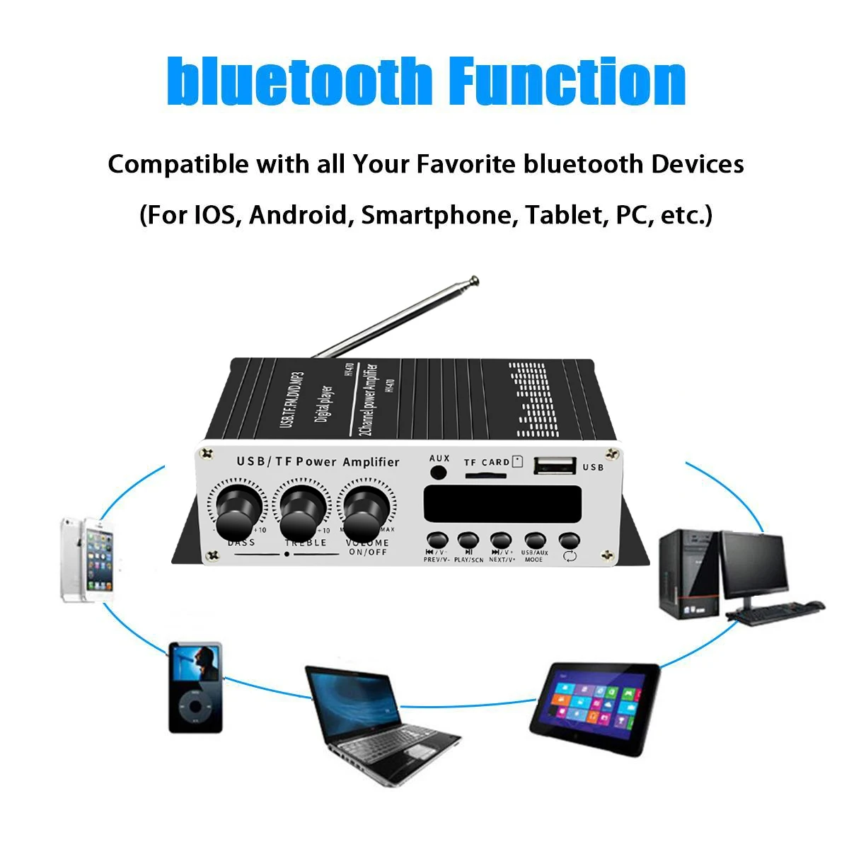 HIFI Bluetooth Sound Amplifiers for Car Channel 2.0 Digital Audio DC 12V Amplifiers for Car With Cigarette Lighter FM USB TF AUX