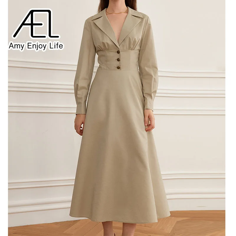 

AEL Lady Fashion Original Sexy High Waist Deep V Shirt Dress Women's Waist Shirt A-line Skirt Slim Commuter