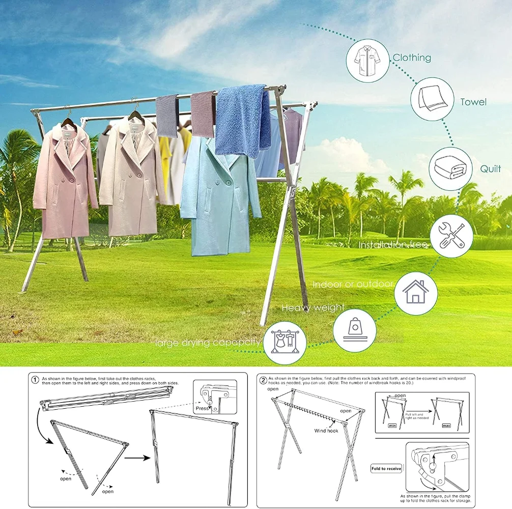 Clothes Drying Racks Outdoor 80 Inches Updated Version Stainless Steel Laundry Drying Rack