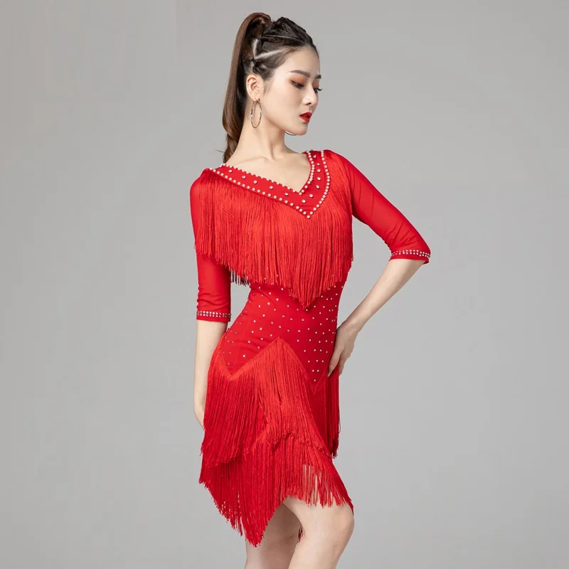 

X116 Latin Dance Dress Lady Tassel Dress Women's Professional Competition Dance Crystal Dress Adult Rhinestones Tassel Skirt
