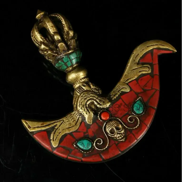 

4.72" Tibetan Buddhism Copper Turquoise Inlay Gem Vajra Axe Magic Weapon Faqi