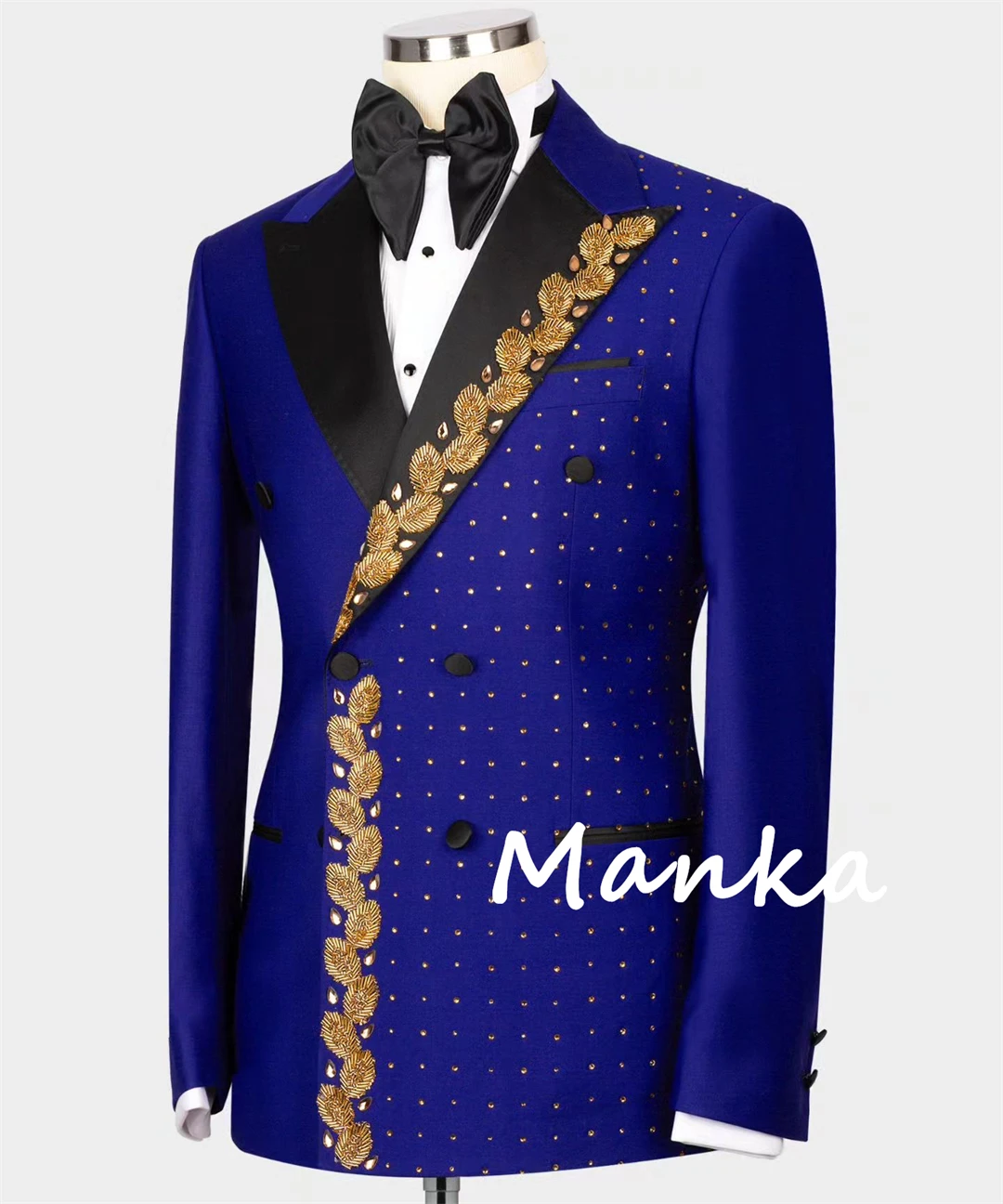 Gold Crystal Beaded Appliques Royal Blue Groom Tuxedo for Wedding Double Breasted 2pcs Luxury Formal Prom Party Men's Suits
