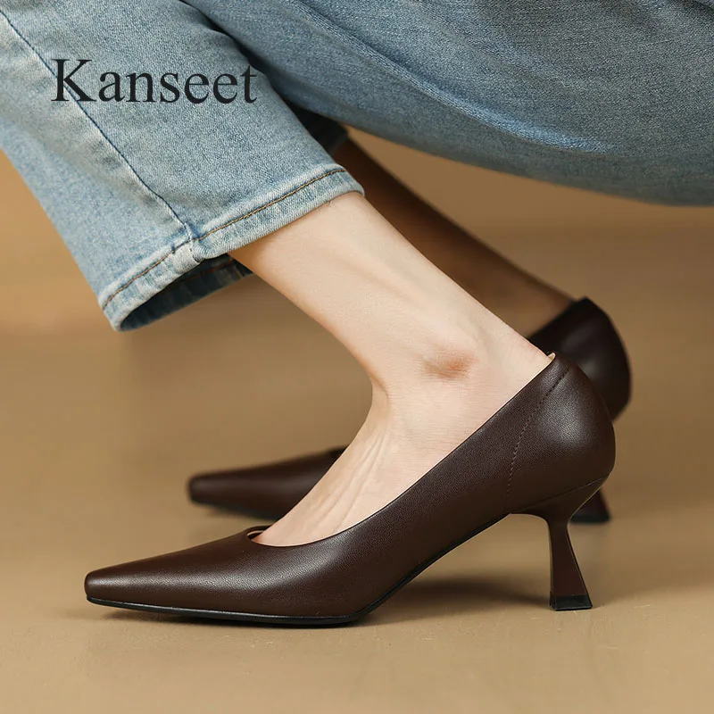 

Kanseet Pumps 2023 Spring Women's Shoes Square Toe Concise Beige Genuine Leather Handmade Office Ladies High Heels Footwear New