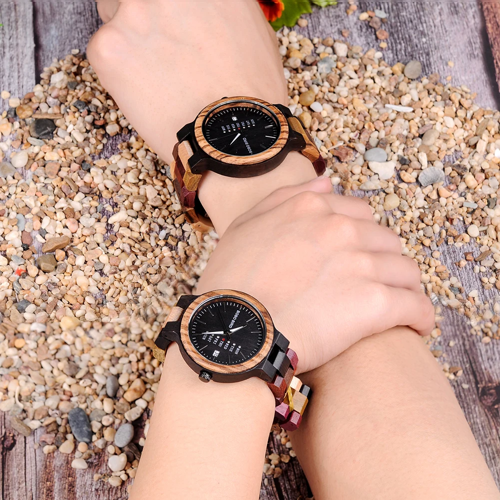 BOBO BIRD Wood Watch Men Women Quartz Week Date Couple Timepiece Colorful Wooden Band Logo Customize Gift Box Wholesale Dropship 2