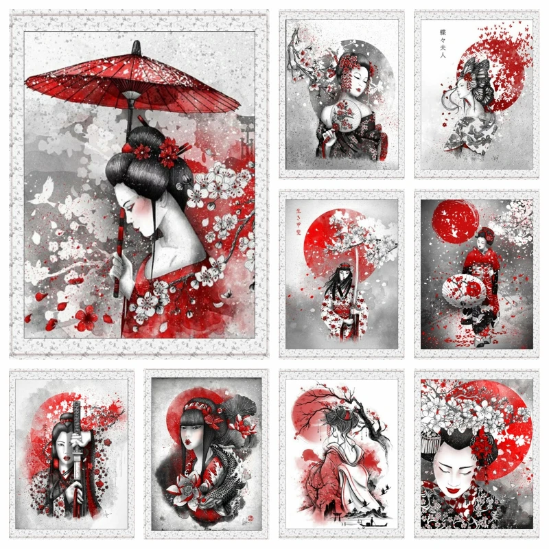 

5D Japanese Ink Zen Abstract Art AB Painting Diamond Embroidery Bushido Samurai Geisha Woman Picture Cross Stitch Mosaic Decor