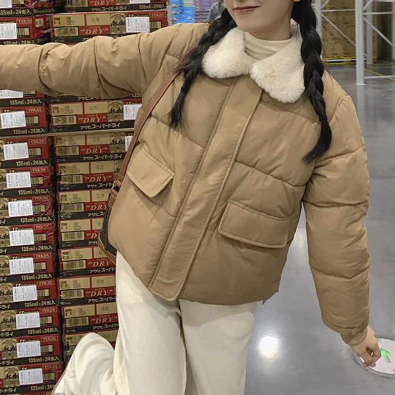 

2023 New Winter Cotton Jacket Women's Short Korean Loose Cotton Parkas Coat Thicken Pocket Cotton Overcoat Female