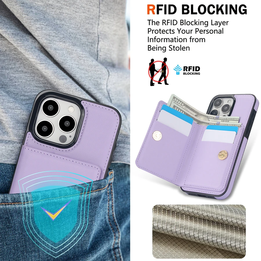 RFID Blocking Leather Wallet Case with Card Slot and 360° Magnetic Kickstand
