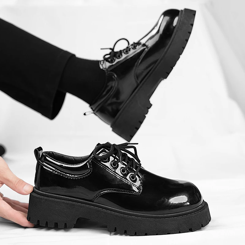 Men Patent Leather Shoes Round Toe Casual Platform Business Shoes Fashion Wedding Banquet Party Formal Dress STRONGSHEN