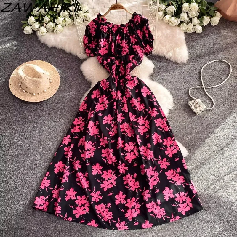 

Женское плиссированное платье с цветочным принтом, облегающее платье с вырезом лодочкой и пышными рукавами, офисное платье для женщин на лето