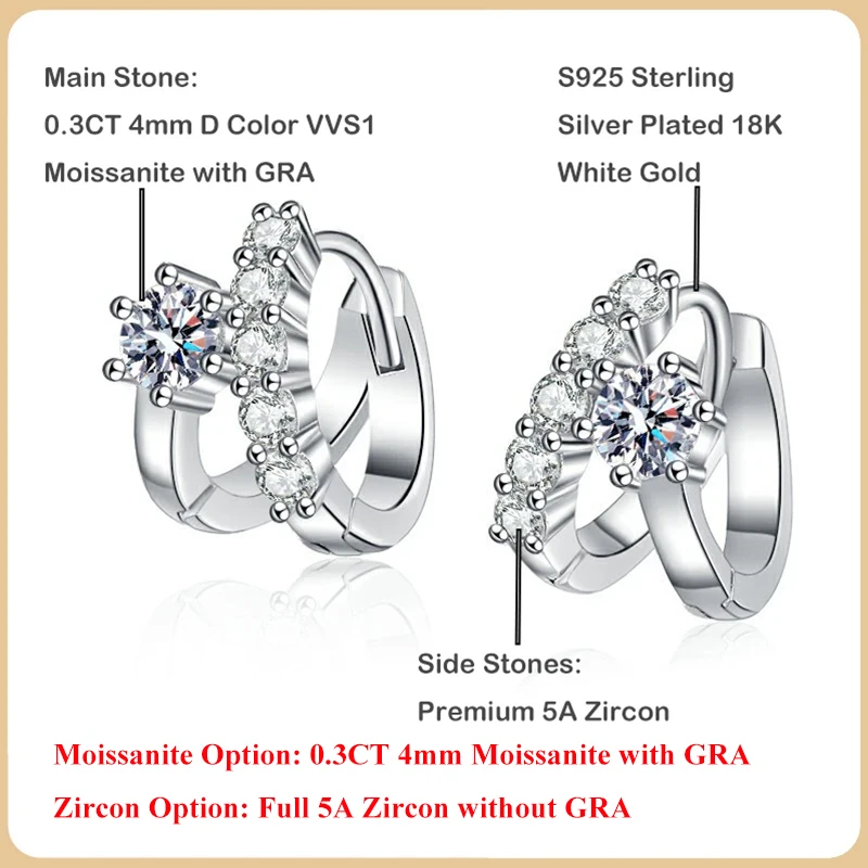 Moissanite Hoop Earrings For Women S925 Sterling Silver Plated 18K White Gold Diamond Earring 0.3CT 4mm Real D Color