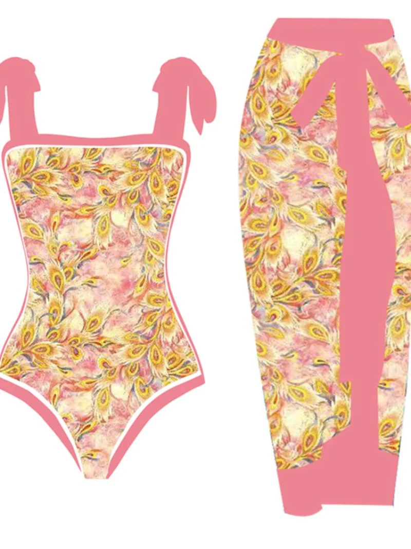 Bikini Bodysuit Swimwear Women With Skirt Bathing Suit Summer New Ruffle Splice Print Beachwear Holiday Bikini Cover Ups Outfits