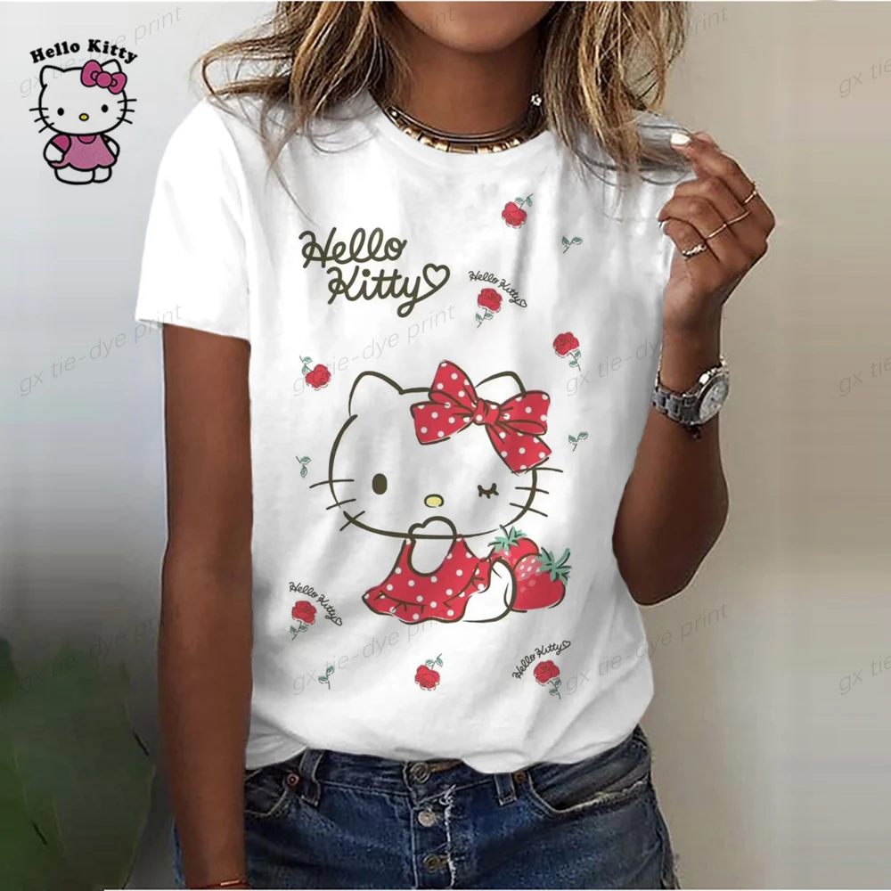 

2023 летняя детская футболка Hello Kitty для девочек, футболка Kawaii для женщин y2k, сексуальные футболки с коротким рукавом и круглым вырезом, топы